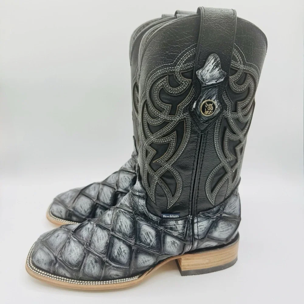 Rock'em Big Bass Print Boots Men's Size 7.5 EE‎ Black Leather  Square Toe
